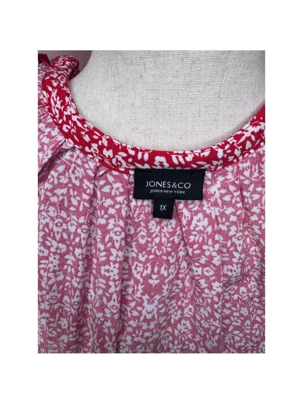 Jones & Co. red shirt so 1x. 100% rayon. Long sleeve lightweight, white flowers - Picture 9 of 10